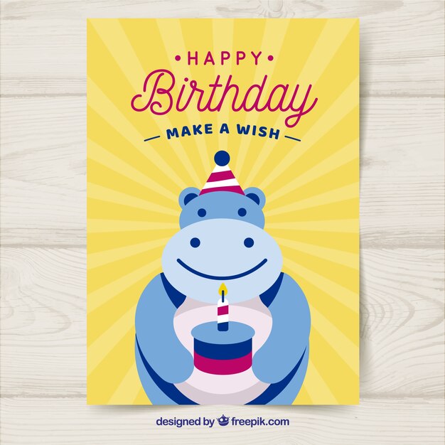 Tarjeta de cumpleaños con hipopótamo en estilo plano