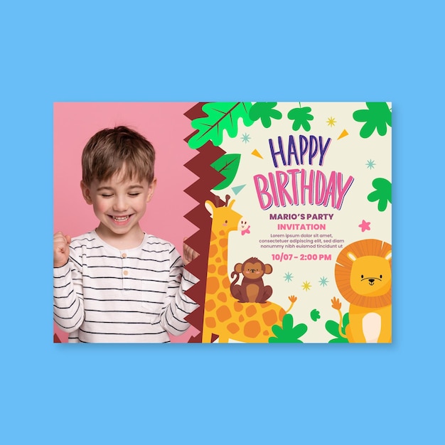 Tarjeta de cumpleaños infantil con animales. vector gratuito