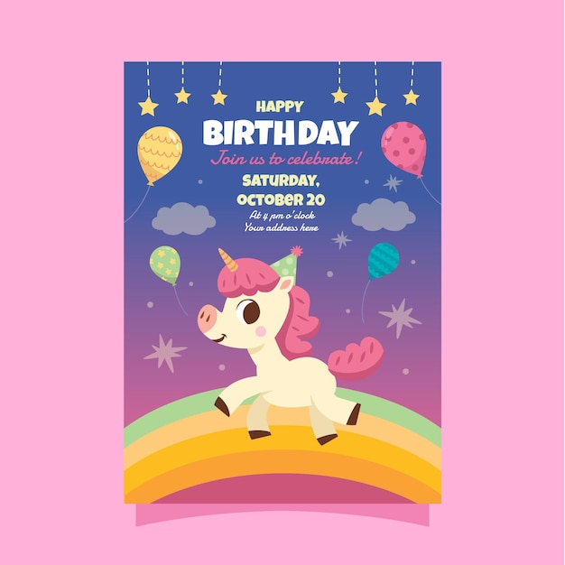 Vector gratuito tarjeta de cumpleaños infantil unicornio