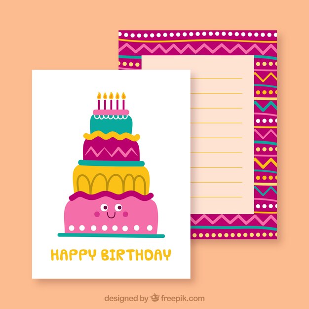 Tarjeta de cumpleaños con linda tarta en estilo plano
