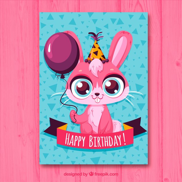 Tarjeta de cumpleaños con lindo conejo en estilo hecho a mano