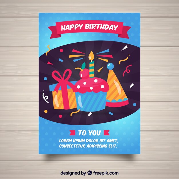 Tarjeta de cumpleaños con magdalena en estilo plano