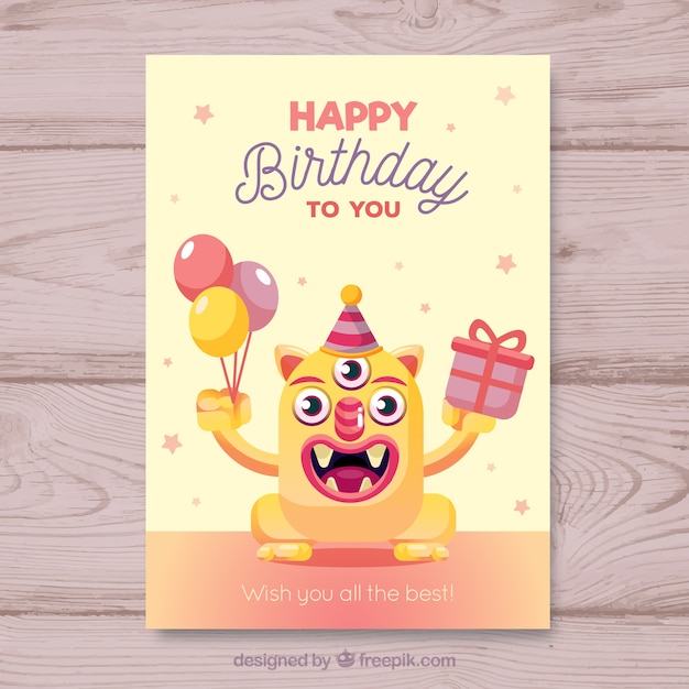 Tarjeta de cumpleaños con monstruo colorido y globos