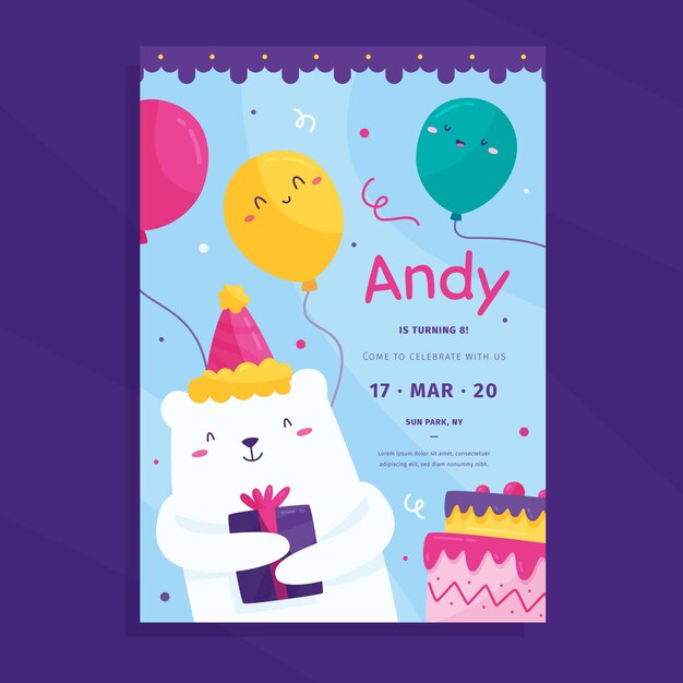 Tarjeta de cumpleaños para niños / plantilla de invitación con oso y regalos