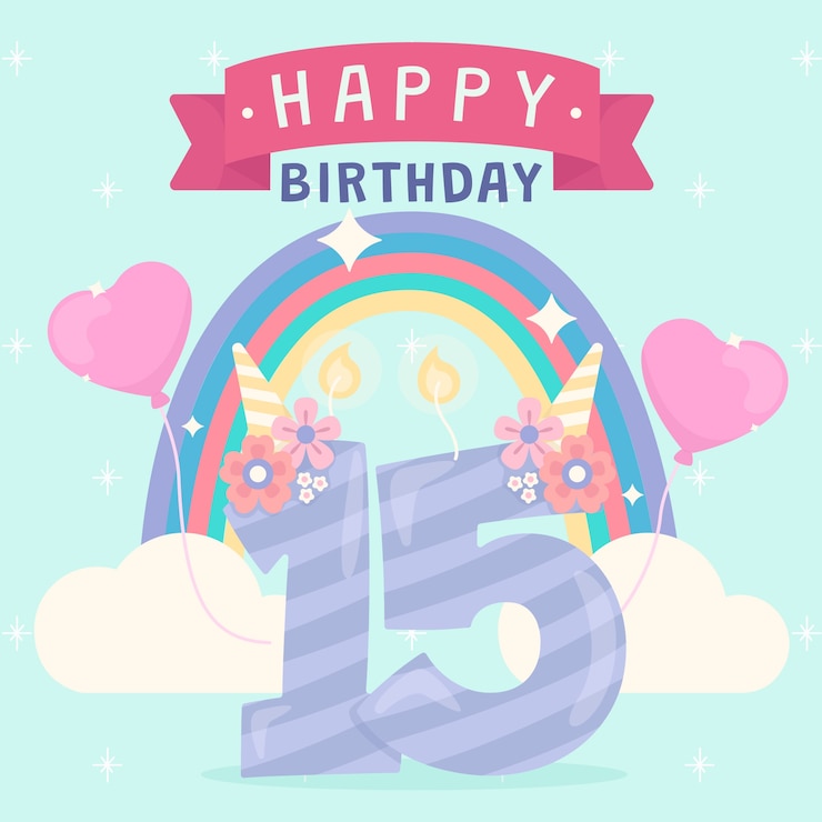 Vector gratuito tarjeta de cumpleaños o 15 aniversario dibujada a mano