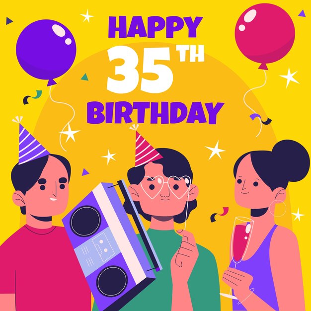 Vector gratuito tarjeta de cumpleaños o 35 aniversario dibujada a mano