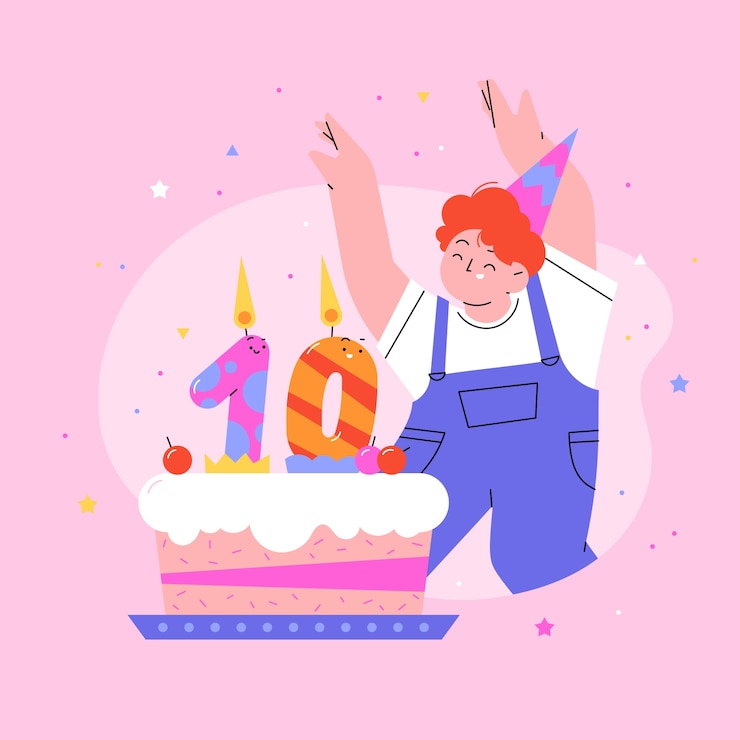 Vector gratuito tarjeta de cumpleaños o aniversario de 10 años de diseño plano dibujado a mano
