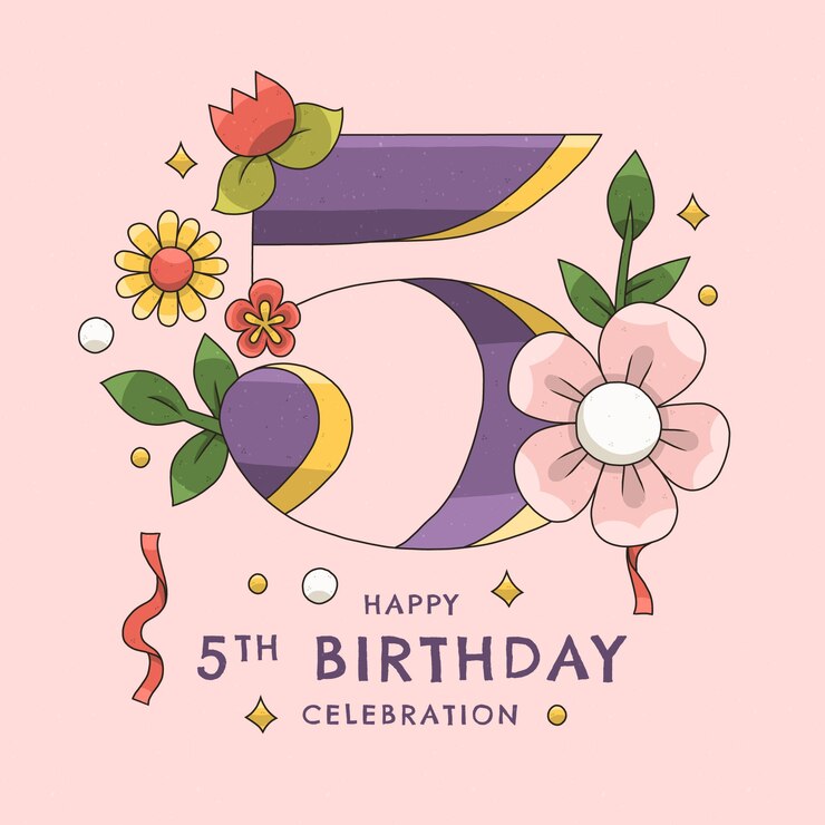 Vector gratuito tarjeta de cumpleaños o aniversario de 5 años dibujada a mano