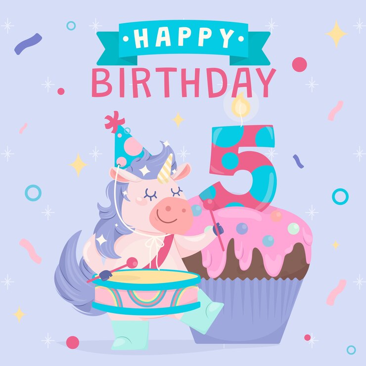 Vector gratuito tarjeta de cumpleaños o aniversario de 5 años de diseño plano dibujado a mano