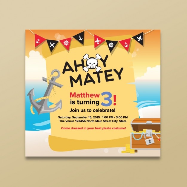 Vector gratuito tarjeta de cumpleaños de piratas