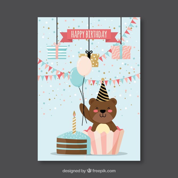 Tarjeta de cumpleaños plana con un oso