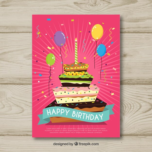 Tarjeta de cumpleaños plana con una tarta
