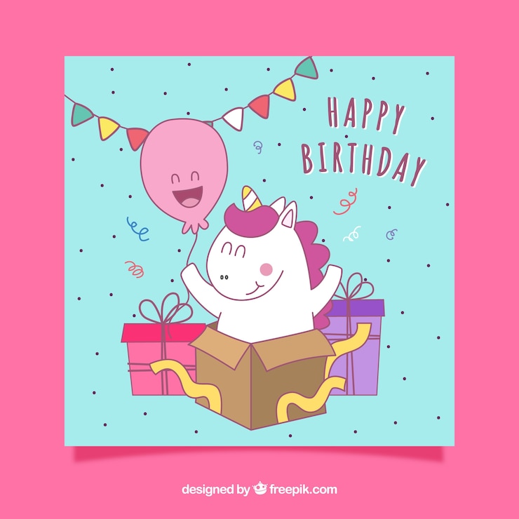 Vector gratuito tarjeta de cumpleaños con rayas y un divertido unicornio dibujado a mano
