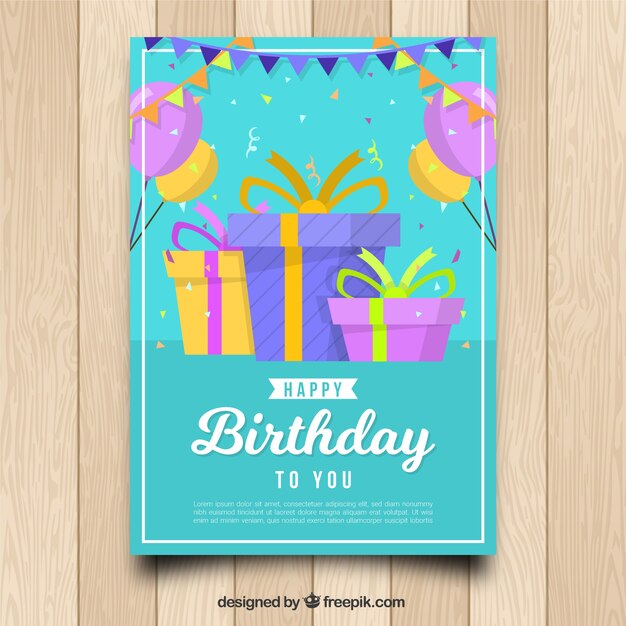 Tarjeta de cumpleaños con regalos en estilo plano