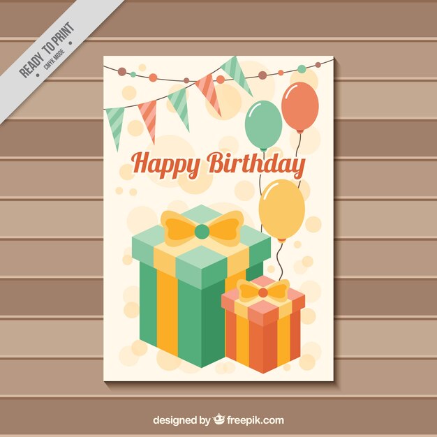 Tarjeta de cumpleaños con regalos y globos 