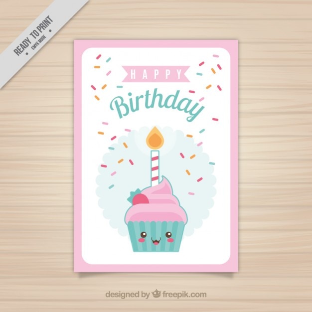 Tarjeta de cumpleaños de simpático cupcake con confeti