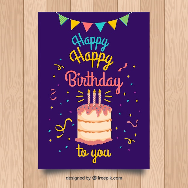 Vector gratuito tarjeta de cumpleaños con tarta en estilo plano