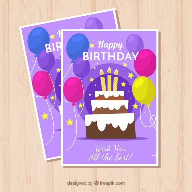 Tarjeta de cumpleaños con tarta y globos en estilo plano