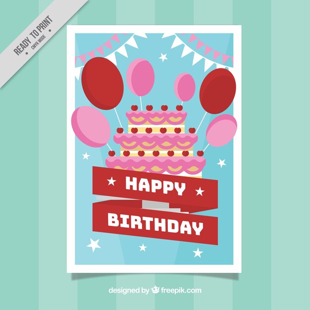 Tarjeta de cumpleaños con tarta y globos