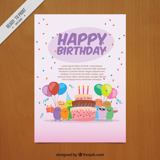 Tarjeta de cumpleaños con tarta y personajes 