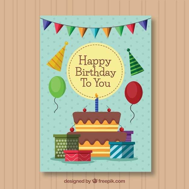 Tarjeta de cumpleaños con tarta y regalos en estilo plano