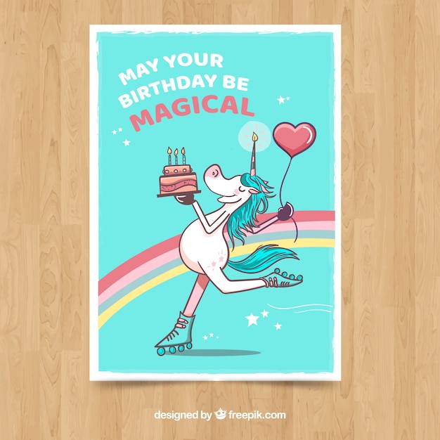 Tarjeta de cumpleaños con unicornio patinando