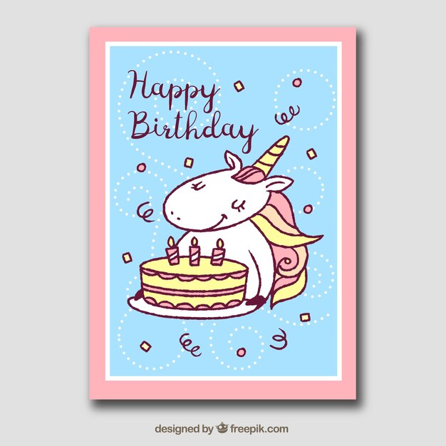 Tarjeta de cumpleaños con unicornio, tarta y confeti