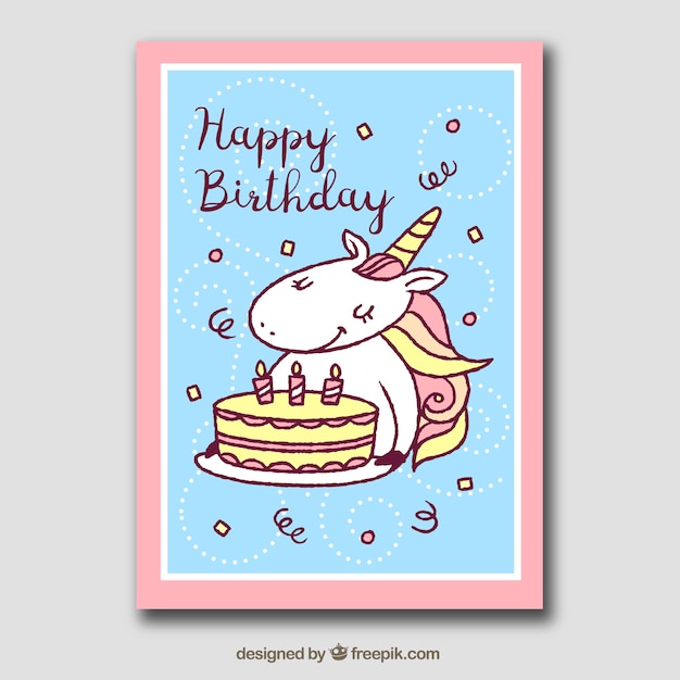 Tarjeta de cumpleaños con unicornio, tarta y confeti