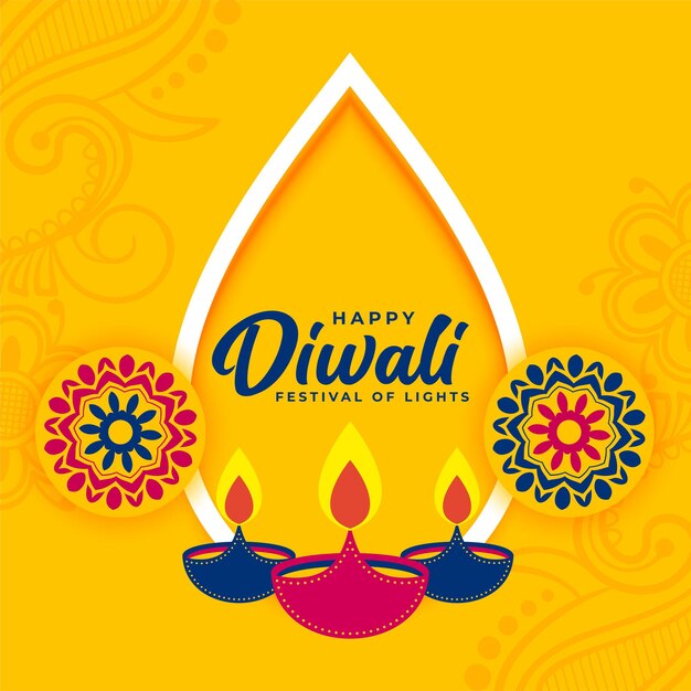 Tarjeta decorativa de deseos del festival diwali amarillo plano