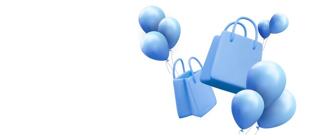 Tarjeta de descuento con grupo de globos realistas y paquetes de tienda aislados sobre fondo blanco Ilustración vectorial