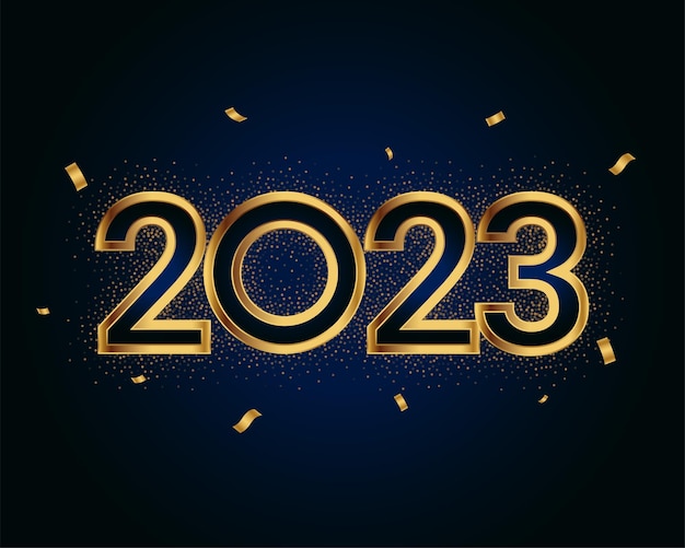 Tarjeta de deseos de año nuevo 2023 con confeti dorado y brillo