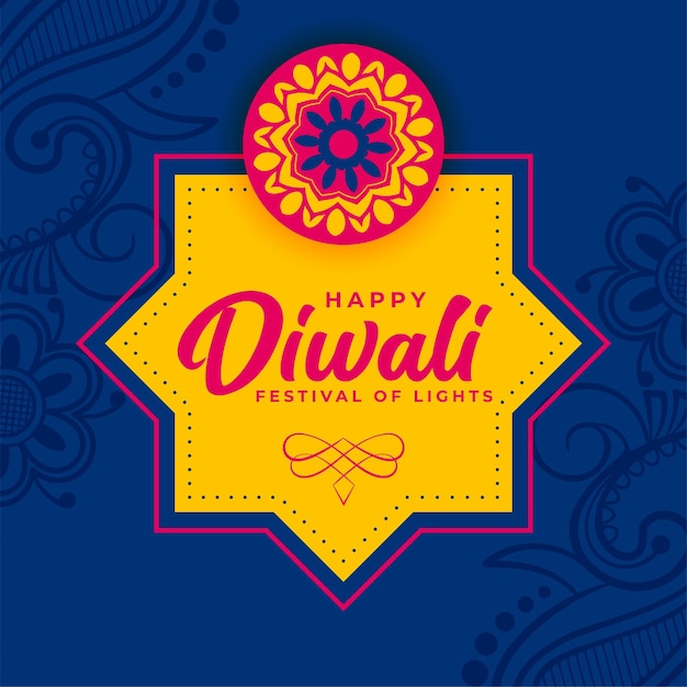 Tarjeta de deseos de festival de diwali azul plano decorativo con vector de espacio de texto