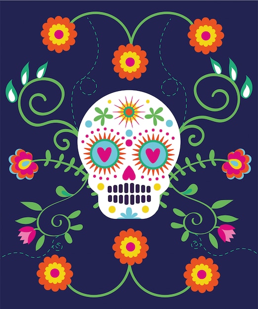 Tarjeta de dia de muertos con calavera y flores