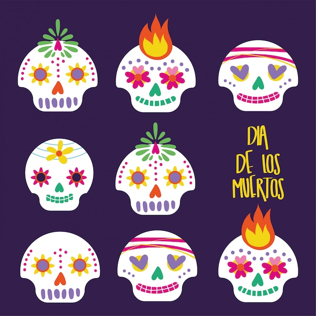 Tarjeta de dia de muertos con letras y calaveras