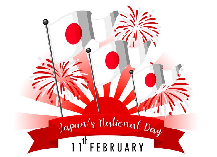 Vector gratuito tarjeta del día nacional de japón con bandera de japón y fuegos artificiales
