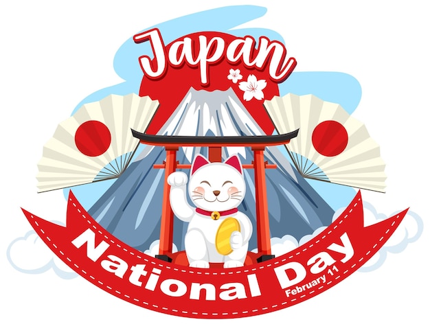 Tarjeta del día nacional de Japón con gato japonés en el monte Fuji