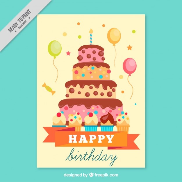Tarjeta dibujada a mano con un pastel grande de cumpleaños