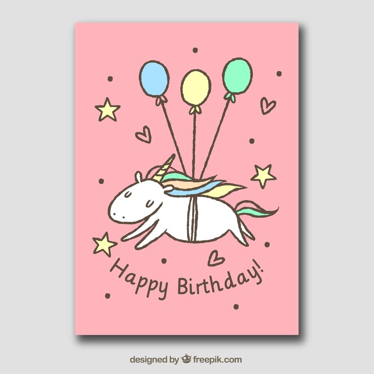 Vector gratuito tarjeta dibujada a mano con unicornio y globos