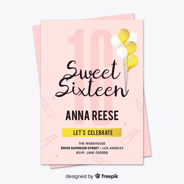 Tarjeta dieciséis cumpleaños globos dorados
