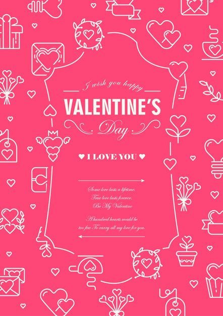 Tarjeta de diseño del día de San Valentín dividida en dos partes con palabras sobre el día tradicional de los amantes en el centro de la ilustración del marco decorativo