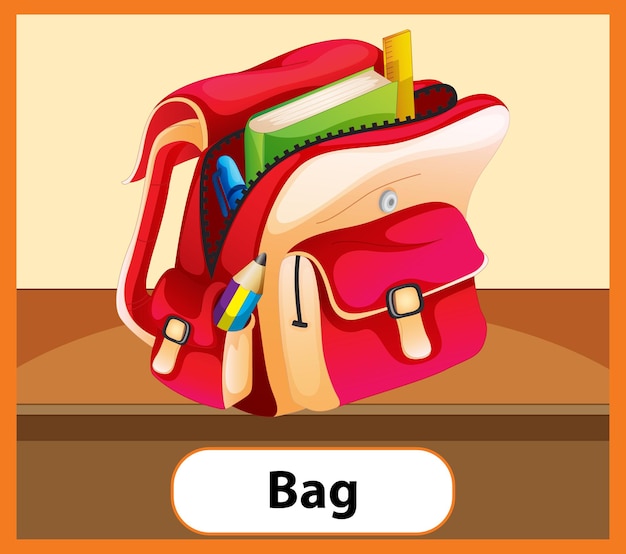 Vector gratuito tarjeta educativa de palabras en inglés de mochila escolar.