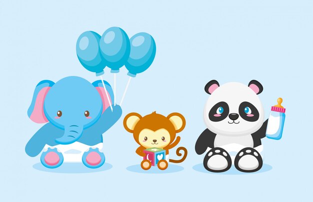 Tarjeta elefante, panda y mono con globos para baby shower