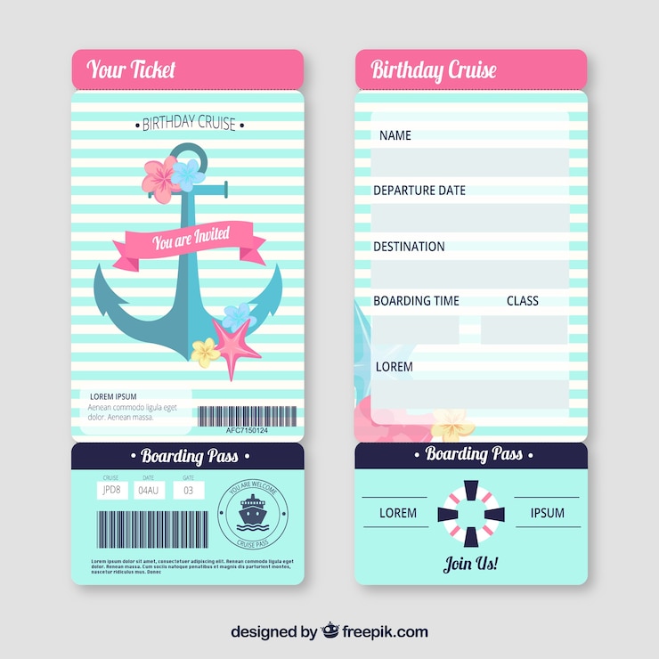 Vector gratuito tarjeta de embarque bonita con elementos náuticos
