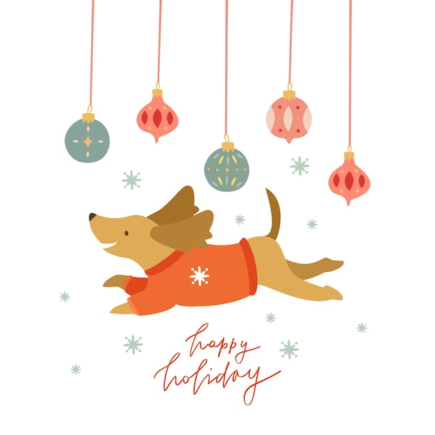 Vector gratuito tarjeta de felices fiestas con perro y juguetes de navidad