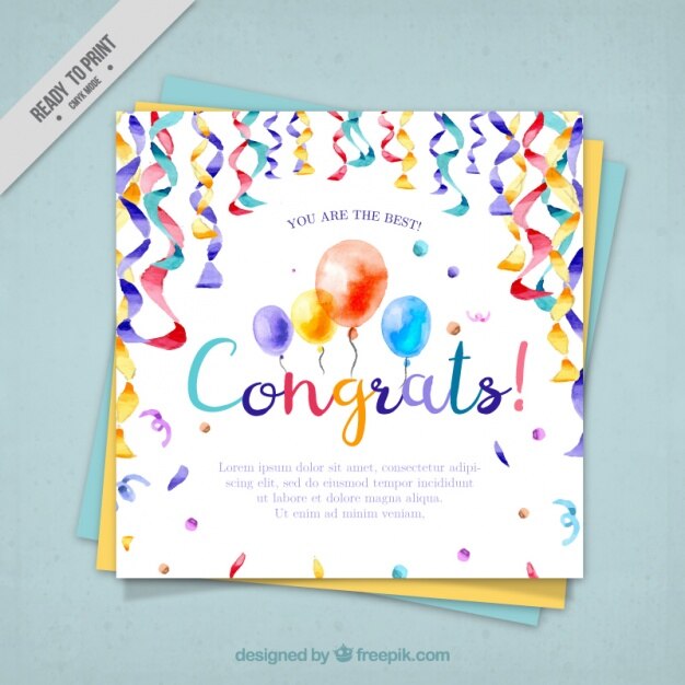 Vector gratuito tarjeta de felicitación de acuarela con globos y confeti