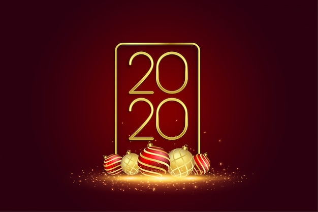 Tarjeta de felicitación de año nuevo 2020 con bolas de navidad 3d
