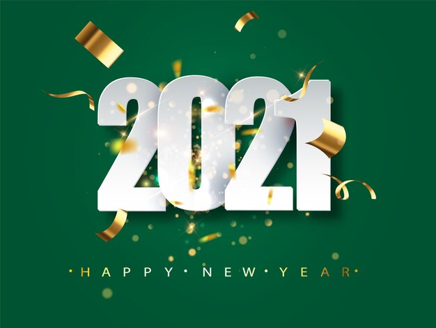 Tarjeta de felicitación de año nuevo 2021 sobre fondo verde. Ilustración festiva con confeti y destellos.