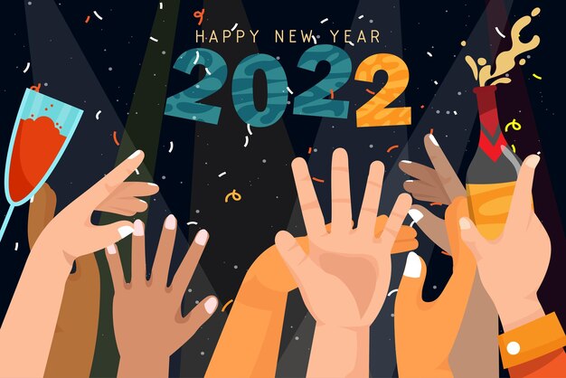 La tarjeta de felicitación de año nuevo con el número 2022 y letras feliz y muchas manos levantando para celebrar con bebida, ilustración vectorial