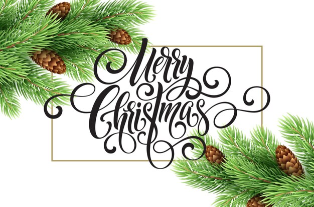 Tarjeta de felicitación con árbol de Navidad y suspiro caligráfico Feliz Navidad. Vector ilustración de vacaciones Eps10