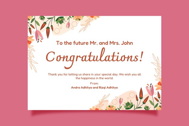 Tarjeta de felicitación de boda dibujada a mano